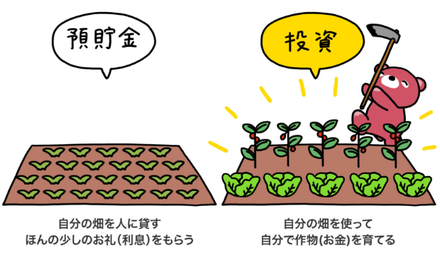 預貯金 自分の畑を人に貸す ほんの少しのお礼（利息）をもらう 投資 自分の畑を使って自分で作物（お金）を育てる